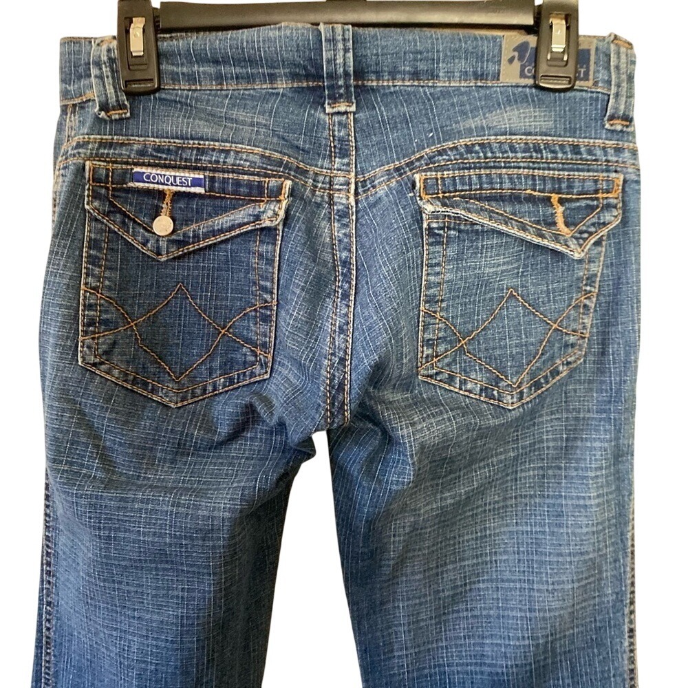 Conquest Jeans Low Rise Flare Leg Denim Blue Wash Trendy Casual women 28 - Picture 4 of 7